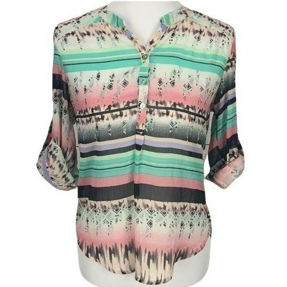 About a Girl Tribal Print Roll Tab Sleeve Blouse Pink Mint Small B0979G151JI